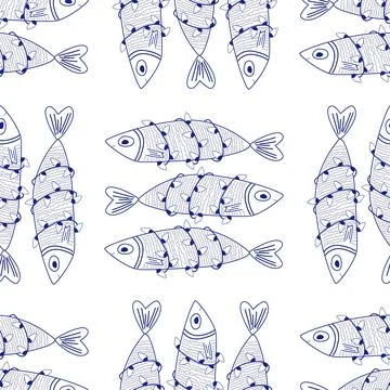Seamless Pattern of funny Sardines wrapped in Christmas lights. Holiday fis.. Stock Illustration