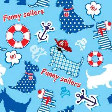 Seamless pattern with funny scottish terrier dogs  - sailors, anchor, lifebuo Illustrazione stock