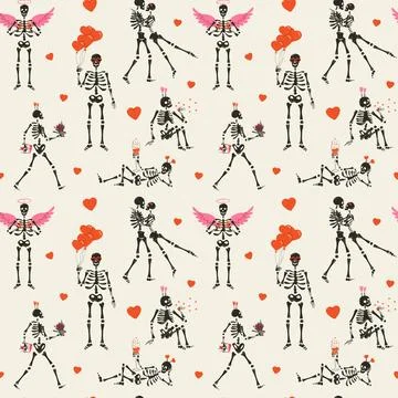 Seamless pattern with Funny Skeleton with decor for Valentine's day. Illustrazione stock