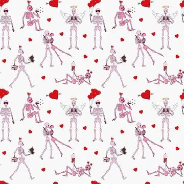 Seamless pattern with Funny Skeleton with decor for Valentine's day. Illustrazione stock