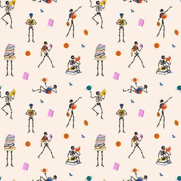 Seamless pattern with Funny Skeleton ready for school with school stationery Stock Illustration