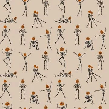 Seamless pattern with Funny Skeletons with a pumpkin head. Illustrazione stock