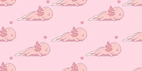 Seamless pattern with funny sleeping Axolotl on pink background with heart... 스톡 일러스트