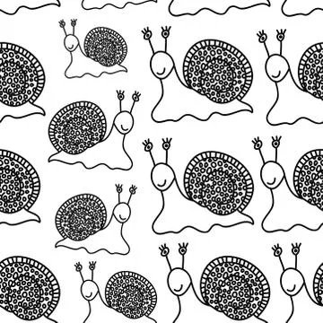 Seamless pattern with funny snails. black outline isolated on white backgroun Illustrazione stock