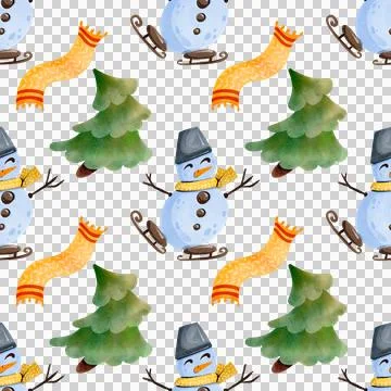 Seamless pattern with funny snowmen and Christmas trees. Watercolor illustration Stock Illustration