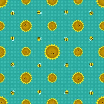 Seamless pattern with funny sunflowers and bees. Decorative smiling plants. Stock Illustration