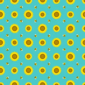 Seamless pattern with funny sunflowers with bees. Decorative smiling plants.  Stock Illustration