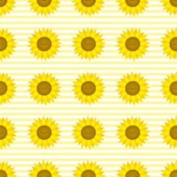 Seamless pattern with funny sunflowers. Decorative smiling plants. Vector. Stock Illustration