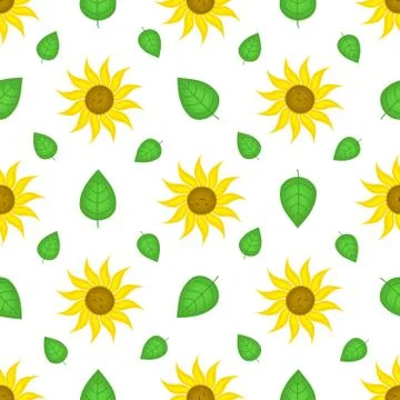 Seamless pattern with funny sunflowers. Decorative smiling plants. Vector. Stock Illustration