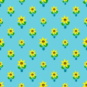 Seamless pattern with funny sunflowers in pots. Decorative smiling plants. Stock Illustration