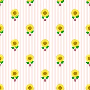 Seamless pattern with funny sunflowers in pots. Decorative smiling plants. Illustrazione stock