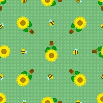 Seamless pattern with funny sunflowers in pots with bees. Stock Illustration