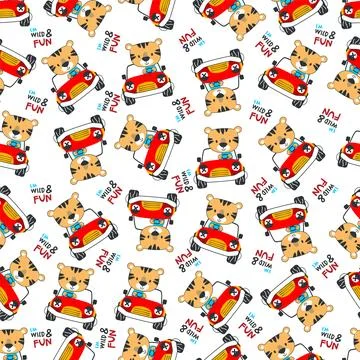 Seamless pattern of funny tiger driving the blue car. Illustrazione stock