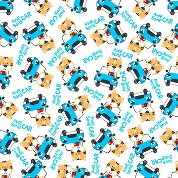 Seamless pattern of funny tiger driving the blue car. Stock Illustration