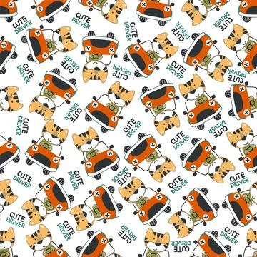 Seamless pattern of funny tiger driving the red car 스톡 일러스트