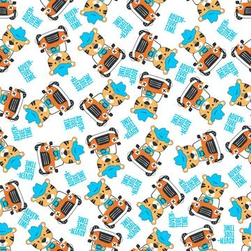 Seamless pattern of funny tiger driving the blue car. Illustrazione stock