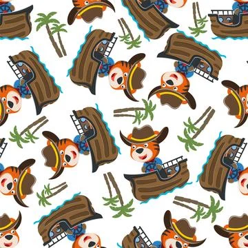 Seamless pattern of funny tiger on little boat with cartoon style. 스톡 일러스트