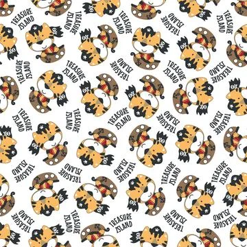 Seamless pattern of funny tiger pirate with treasure chest, Stock Illustration
