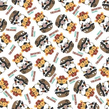 Seamless pattern of funny tiger pirate with treasure chest, Stock Illustration