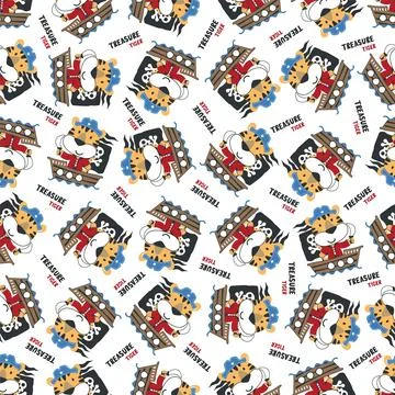 Seamless pattern of funny tiger pirate with treasure chest Illustrazione stock