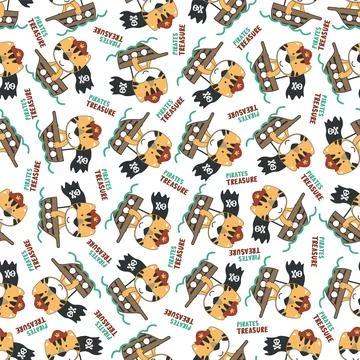 Seamless pattern of funny tiger pirate, Can be used for t-shirt print, 스톡 일러스트