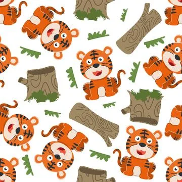 Seamless pattern of funny tiger sit on tree trunk. Creative vector childish Stock Illustration