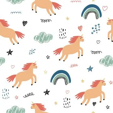 Seamless pattern with funny unicorn, rainbow and clouds. Baby drawing, doodle Illustrazione stock
