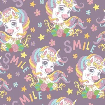Seamless pattern with funny unicorns and flowers vector 스톡 일러스트