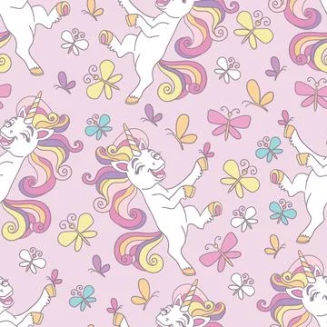 Seamless pattern with funny unicorns and butterflies vector Illustrazione stock
