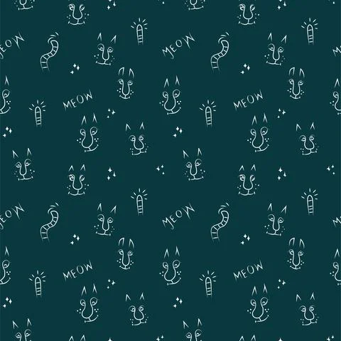 Seamless pattern with funny white contour cats on a blue green background Stock Illustration