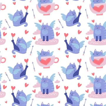 Seamless pattern with funny winged cats, feline cupids in clouds, hearts 库存插图