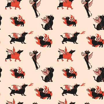 Seamless Pattern with Funny Winged Dachshunds Breathing Fire in Red Outfits Stock Illustration
