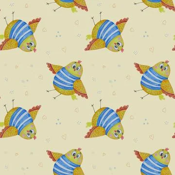 Seamless pattern. Funny yellow bird sailor in a striped vest on a light yello Illustrazione stock