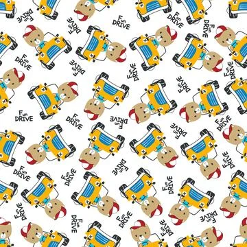 Seamless pattern of funy bear driving the blue car. Stock Illustration