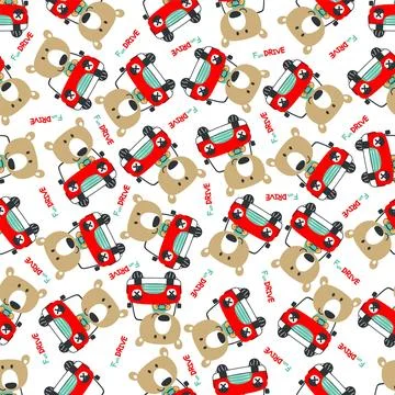 Seamless pattern of funy bear driving the blue car. Stock Illustration