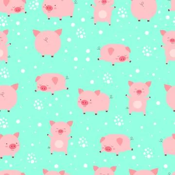 Seamless pattern funy little cute pigs in snow. Cartoon animal v Stock Illustration