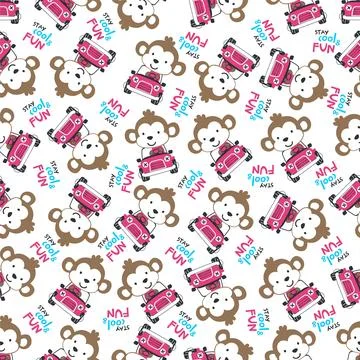 Seamless pattern of funy monkey driving the blue car. Stock Illustration