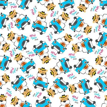 Seamless pattern of funy tiger driving the blue car. 스톡 일러스트