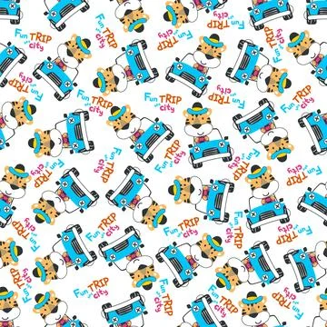 Seamless pattern of funy tiger driving the blue car. 스톡 일러스트