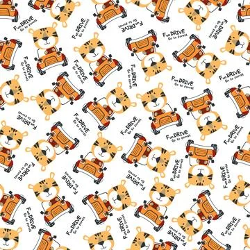 Seamless pattern of funy tiger driving the blue car. 스톡 일러스트