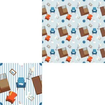Seamless pattern of furniture and elements of 70's with pattern unit. Stock Illustration