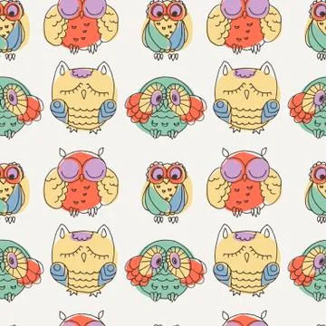 Seamless Pattern with Furry Doodle Owls. Stock Illustration