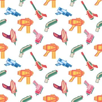 Seamless pattern with futuristic colorful blaster. Kid game gun. Stock Illustration