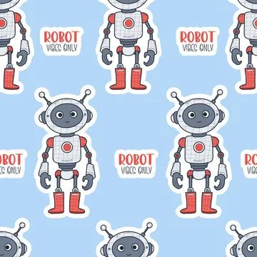 Seamless pattern Futuristic cute Robot on blue background with cool phrases.. Stock Illustration