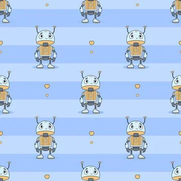 Seamless pattern Futuristic cute Robot on striped blue background. Virtual .. Illustrazione stock