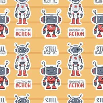 Seamless pattern Futuristic cute Robots toy Sticker on on striped yellow ba.. Illustrazione stock