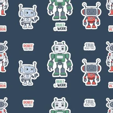 Seamless pattern Futuristic cute Robots Sticker on dark gray background wit.. Illustrazione stock
