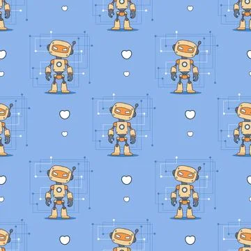 Seamless pattern Futuristic Robot on blue background. Virtual Technology As.. Illustrazione stock