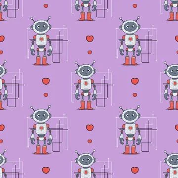 Seamless pattern Futuristic Robot on purple background with hearts. Virtual.. Stock Illustration