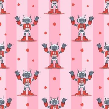 Seamless pattern Futuristic Romantic Robot on striped pink background with .. Stock Illustration